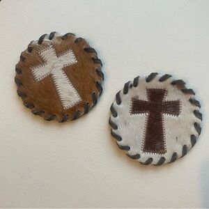 Handcrafted Cow Hair and Leather Cross Coasters - Brown and White
